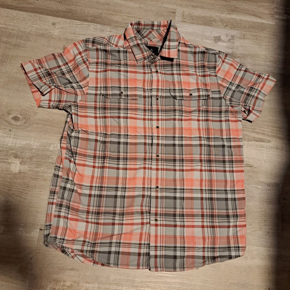 Prana‎ Shirt Mens Small Gray Orange Plaid Pockets Short Sleeve Outdoor Western